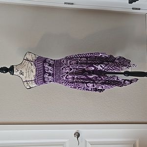 Boho Ruched Print Purple & White Spaghetti Strap Handkerchief Hem Sun Dress